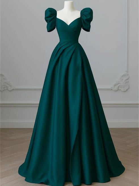 Green Satin Short Sleeves A-line Floor Length Prom Dress, Green Satin Evening Dress