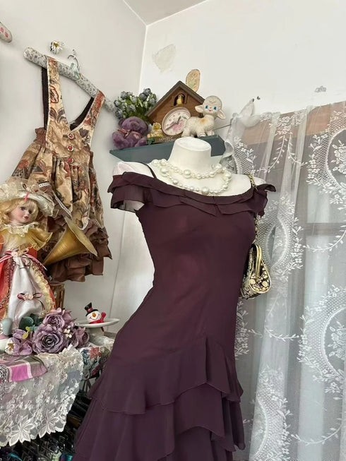 Off Shoulder Marron Layered Ruffle Chiffon Mini Dress Homecoming Dress, Cute Short Evening Party Cocktail Dress