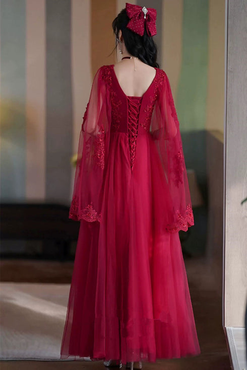 Wine Red Tulle V-neckline with Lace Applique Prom Dress, Wine Red Tulle Evening Dress