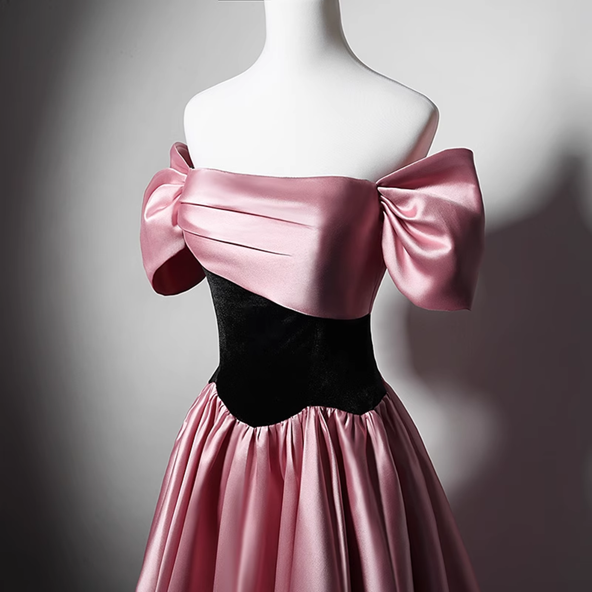 Off Shoulder Satin Scoop A-line Long Party Dress, Pink and Black Prom