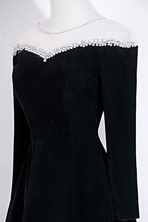 A-line Black Velvet Long Sleeves Beaded Prom Dress, Black Round Neckline Party Dress