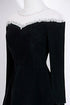A-line Black Velvet Long Sleeves Beaded Prom Dress, Black Round Neckline Party Dress