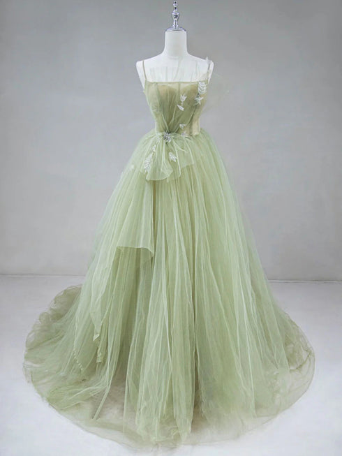 Green Tulle A-line Straps Scoop Low Back Party Dress, Green Tulle Long Prom Dress