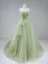 Green Tulle A-line Straps Scoop Low Back Party Dress, Green Tulle Long Prom Dress