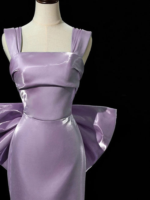 Purple Satin Mermaid Satin Long Party Dress with Bow, Purple Satin Evening Dress Prom Dress