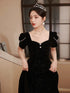 A-Line Black Short Sleeves Velvet Long Party Dress, Black Velvet Prom Dress