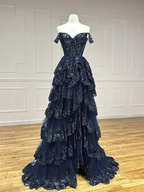 A-line Navy Blue Tulle Layers with Lace Applique Party Dress, Navy Blue Tulle Prom Dress