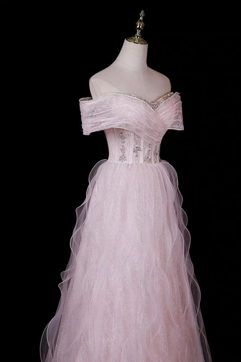 Glam Pink Off Shoulder Beaded A-Line Prom Dress, Pink Tulle Long Evening Dress