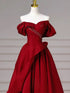 Wine Red Long Off Shoulder Beaded A-line Prom Dress, Wine Red Satin Evening Dress