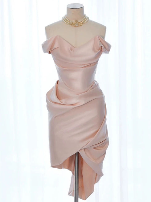 Pink High Low Sweetheart Off Shoulder Satin Party Dress, Pink Satin Homecoming Dress