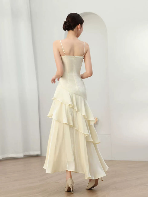 Ivory Satin Straps Sweetheart Long Formal Dress, Ivory Satin Floor Length Prom Dress