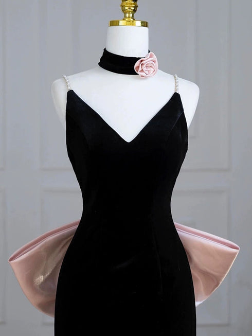 Black Velvet Mermaid Straps Lace-up Formal Dress with Bow, Black Velvet Long Prom Dress