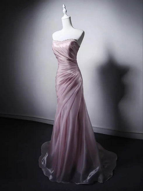 Pink Strapless Beaded Sweetheart Long Formal Dress, Pink Floor Length Lace-up Prom Dress