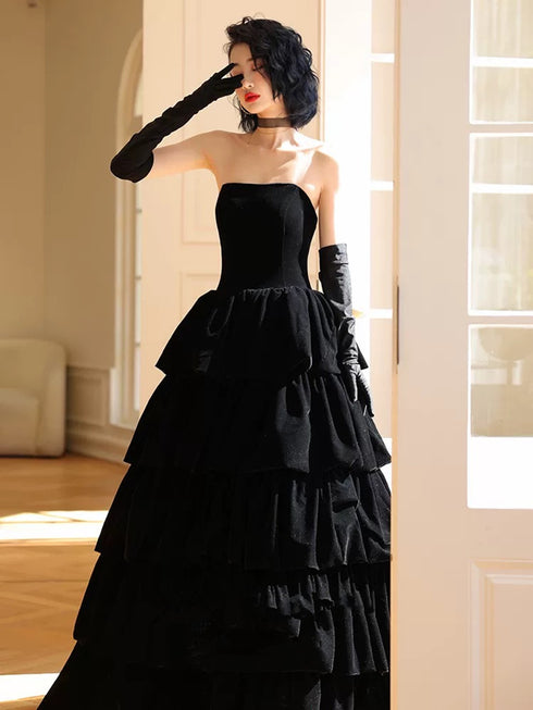 Black Velvet Layers Strapless Long A-Line Prom Dress, Black Velvet Evening Dress