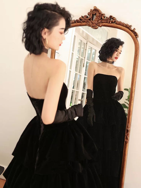 Black Velvet Layers Strapless Long A-Line Prom Dress, Black Velvet Evening Dress