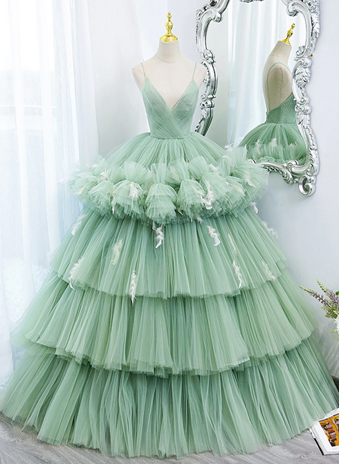 Light Green Tulle Layers Low Back Prom Dress, Light Green Sweet 16 Dress