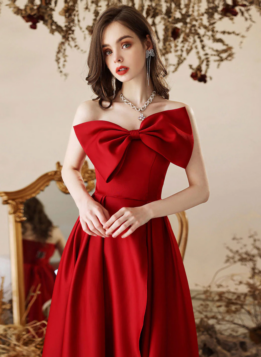 Red Satin Long Party Dress with Leg Slit, Red Satin Prom Dress Formal