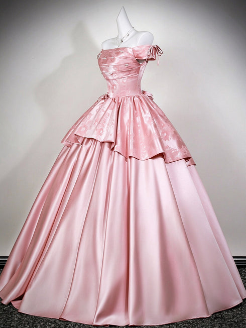 Cute Off Shoulder Pink Satin Ball Gown Evening Dress, Pink Sweet 16 Formal Dress Party Dress