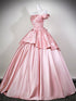 Cute Off Shoulder Pink Satin Ball Gown Evening Dress, Pink Sweet 16 Formal Dress Party Dress