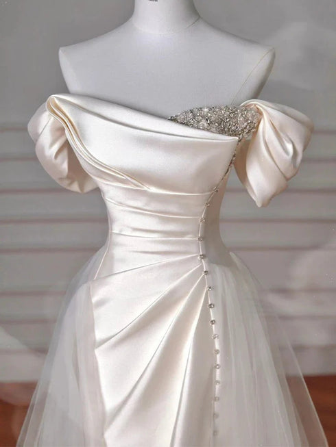 Ivory Satin and Tulle Beaded Off Shoulder Long ProM Dress, Ivory Satin Long Evening Gown