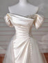 Ivory Satin and Tulle Beaded Off Shoulder Long ProM Dress, Ivory Satin Long Evening Gown