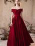 Wine Red A-line Off Shoulder Floor Length Prom Dress, Wine Red Satin Formal Dress