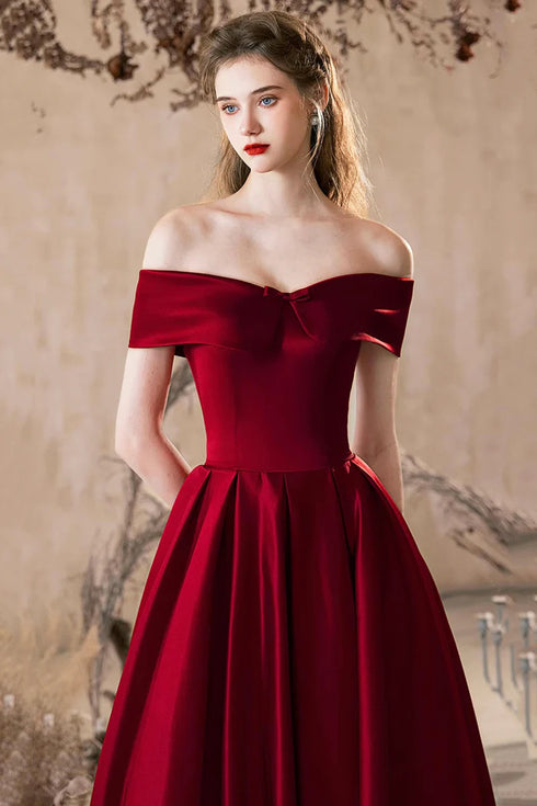 Wine Red A-line Off Shoulder Floor Length Prom Dress, Wine Red Satin Formal Dress