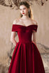 Wine Red A-line Off Shoulder Floor Length Prom Dress, Wine Red Satin Formal Dress