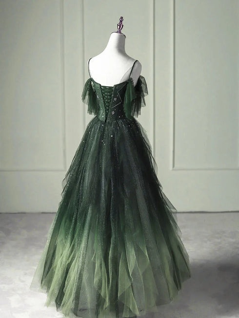 Green A-line Beaded Off Shoulder Tulle Prom Dress, Green Gradient Party Dress