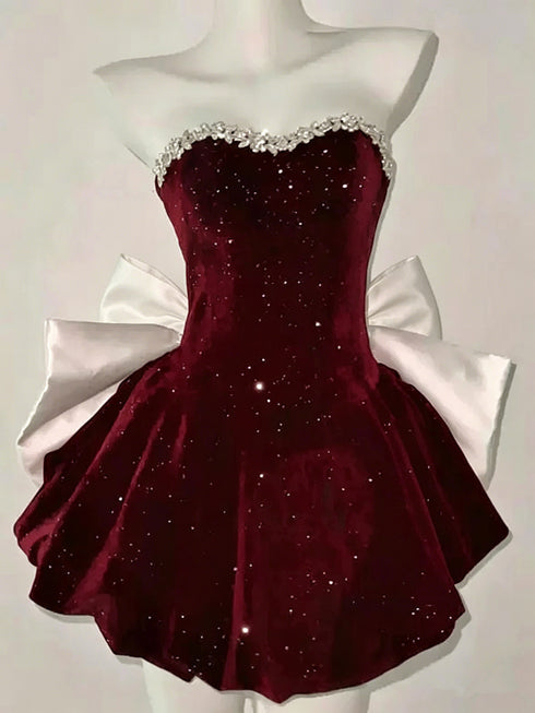 Wine Red Velvet Strapless Knee Length Party Dress, Wine Red Beaded Short Homecoming Dress