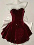 Wine Red Velvet Strapless Knee Length Party Dress, Wine Red Beaded Short Homecoming Dress
