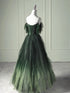 Green A-line Beaded Off Shoulder Tulle Prom Dress, Green Gradient Party Dress