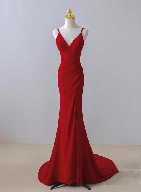 Pretty Red Mermaid Straps Long Evening Dress with Leg Slit, Red Prom Dress