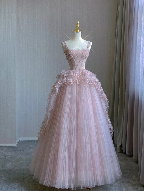 Pink Straps A-line Tulle and Lace Long Formal Dress, Pink Tulle Floor Length Prom Dress