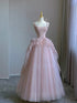 Pink Straps A-line Tulle and Lace Long Formal Dress, Pink Tulle Floor Length Prom Dress