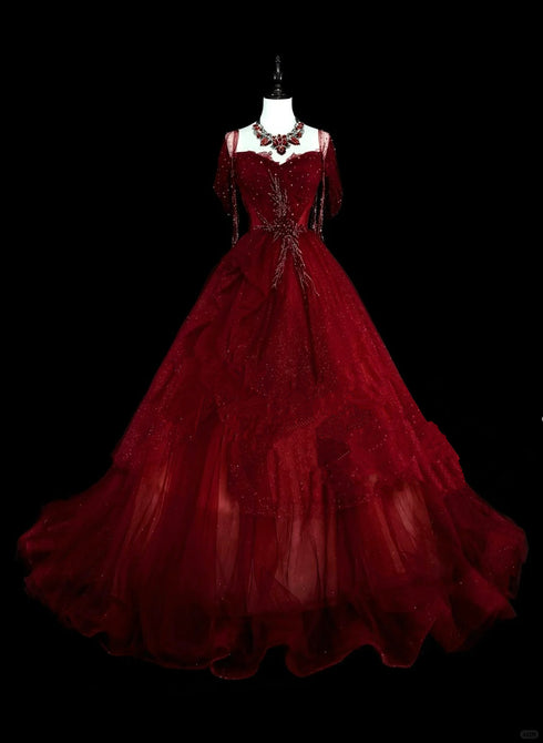 Wine Red Sweetheart Beaded Tulle Formal Dress, Off Shoulder Sweet 16 Dress