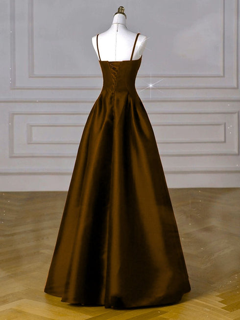 Brown Satin A-line Floor Length Sweetheart Party Dress, Simple Satin Prom Dress