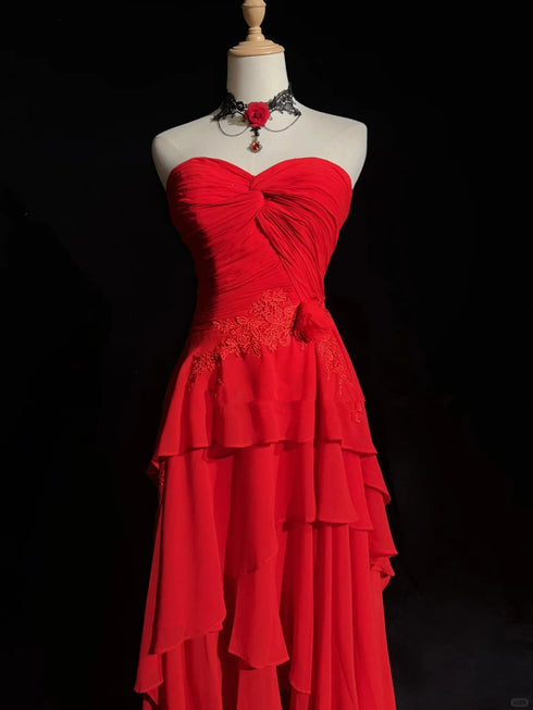 Red Chiffon High Low Layers Party Dress with Lace Applique, Red Prom Dress