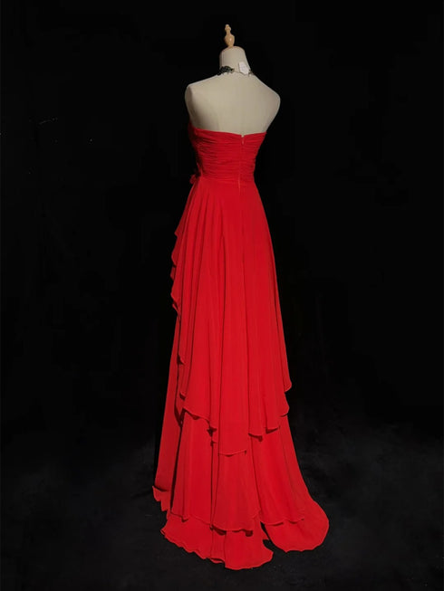 Red Chiffon High Low Layers Party Dress with Lace Applique, Red Prom Dress