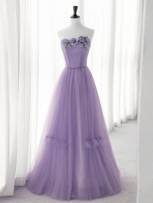 Light Purple A-line Tulle with Flowers Party Dress, Purple Tulle Prom Dress