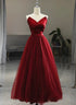 Wine Red Tea Length Tulle V-neckline Prom Dress, Wine Red Tulle Party Dress