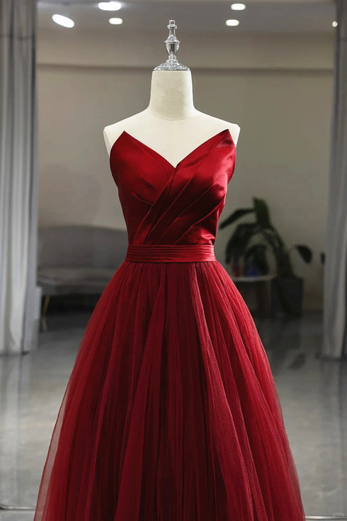 Wine Red Tea Length Tulle V-neckline Prom Dress, Wine Red Tulle Party Dress