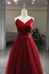 Wine Red Tea Length Tulle V-neckline Prom Dress, Wine Red Tulle Party Dress