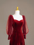 Wine Red Velvet Long Puffy Sleeves Prom Dress, Wine Red Wedding Party Dress