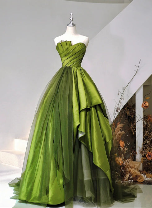 Green Satin and Tulle Sweetheart Long Party Dress, Green Prom Dress