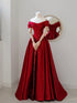 Wine Red Satin and Sequins Long Prom Dress, Wine Red Off Shoulder Party Dress