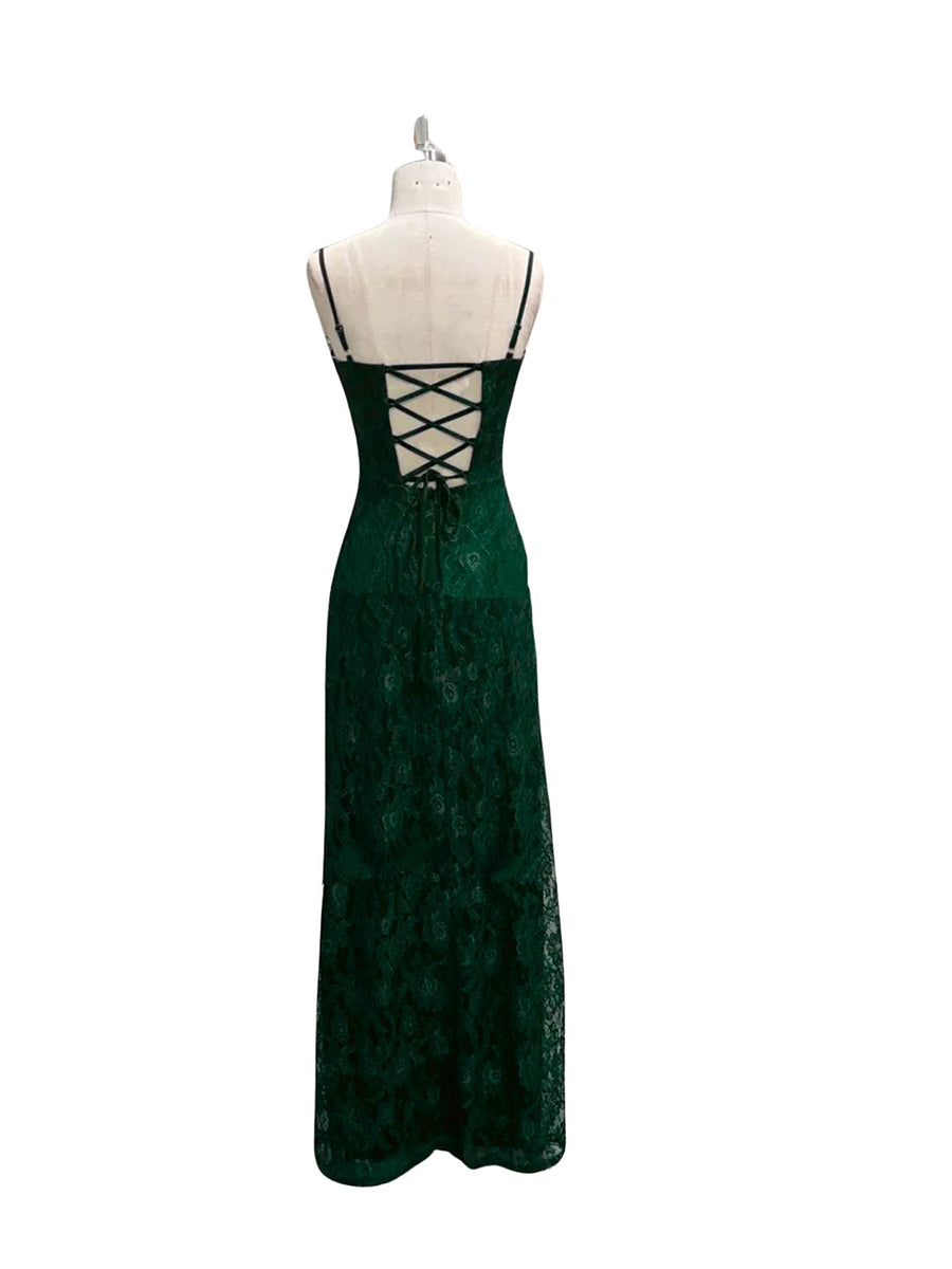 Dark Green Lace A-line Straps Low Back Party Dress, Dark Green V-neckl