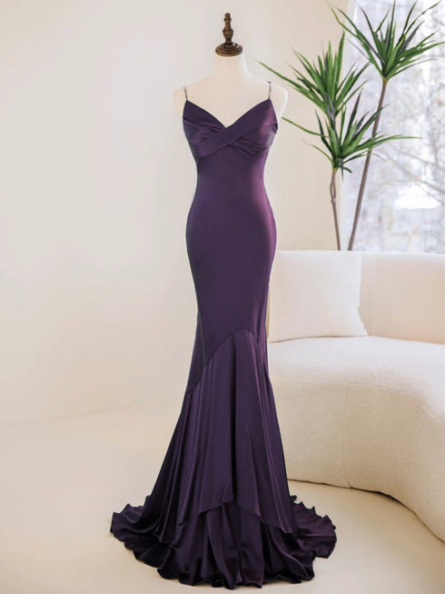 Purple Soft Satin Mermaid Straps V-neckline Evening Dress, Purple Satin Prom Dress