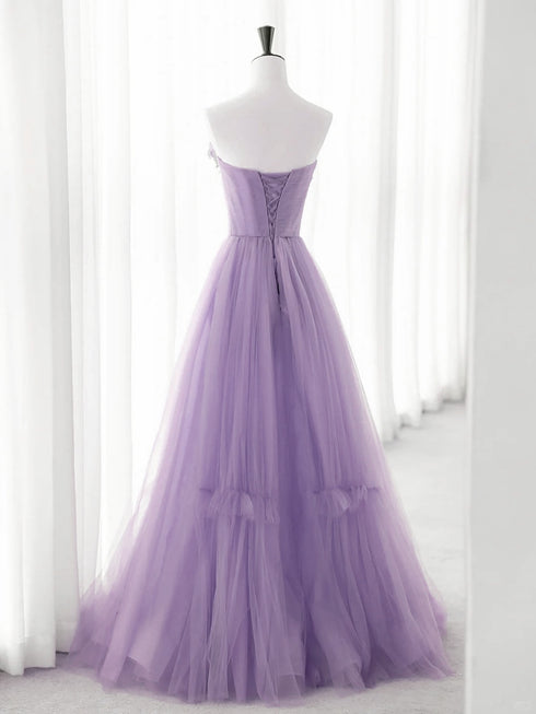 Light Purple A-line Tulle with Flowers Party Dress, Purple Tulle Prom Dress