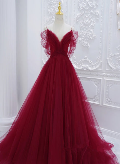 Wine Red Tulle V-neckline Long Party Dress, Wine Red Tulle Prom Dress